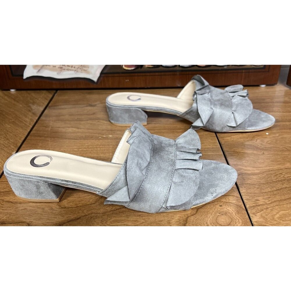 Gray Open-Toe Slip-On Sandals With Ruffle Design & Block Heel Size 11 - Picture 2 of 6